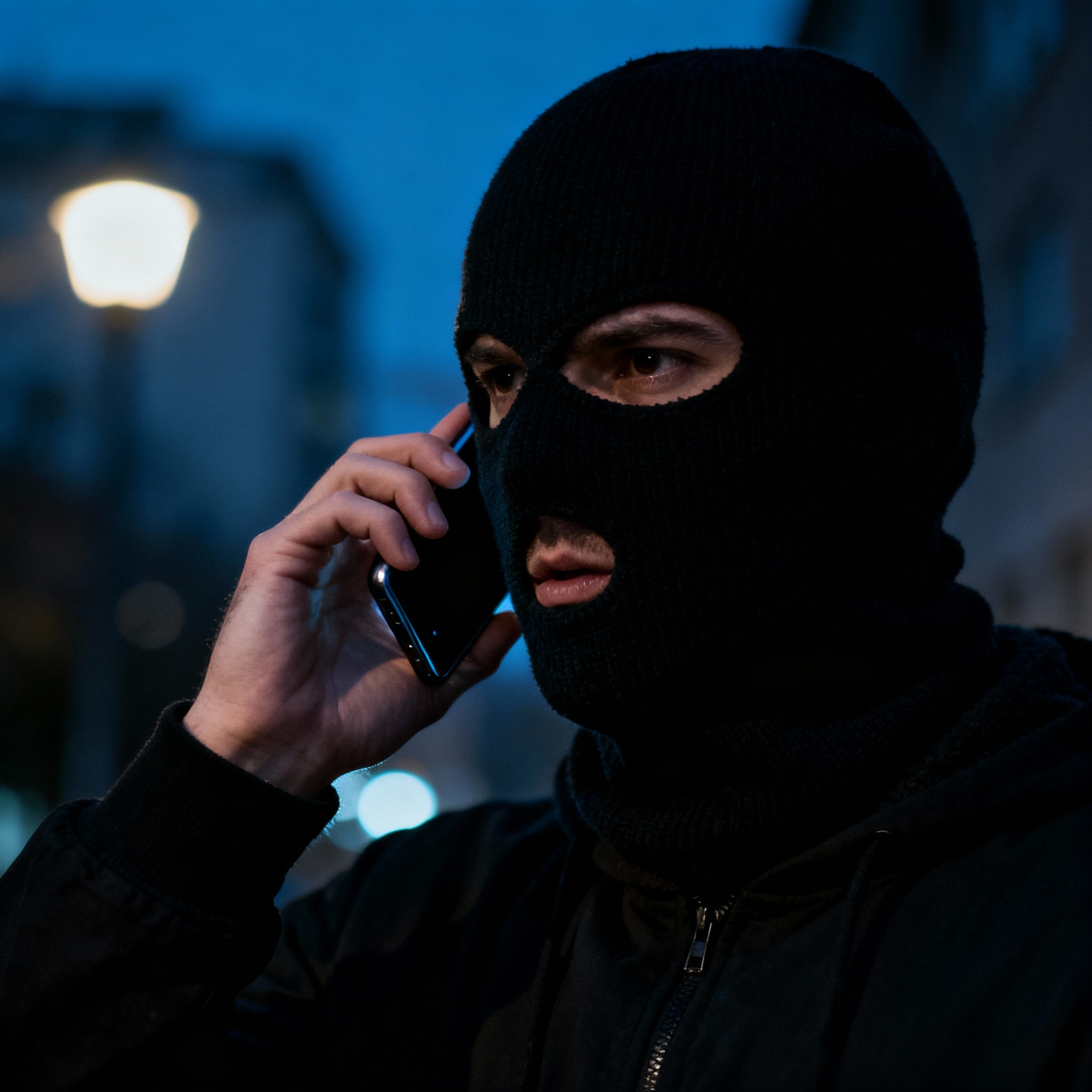 Suspicious person with a mask calling