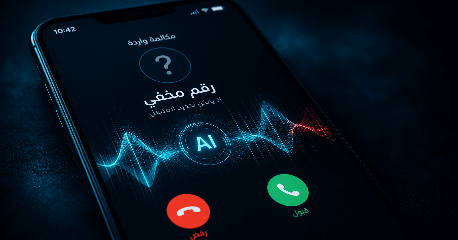 مكالمة واردة من رقم مخفي مع موجات صوتية اصطناعية تشير إلى عملية احتيال صوتية بالذكاء الاصطناعي